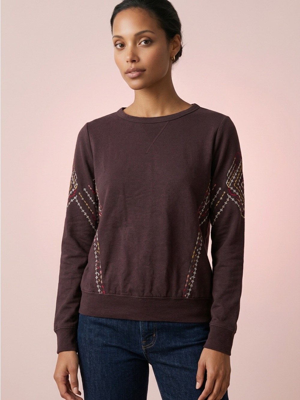 Knox Rose Brown Crewneck Sweatshirt Embroidered Trim Size S